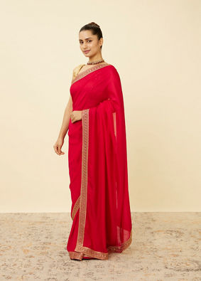 Fiesta Red Saree with Geometrical Patterned Borders image number 3
